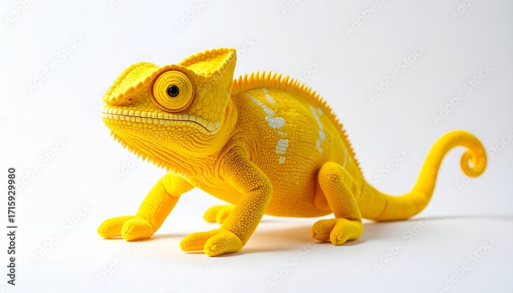 Obraz premium Yellow chameleon on white surface, vivid color and textured skin.