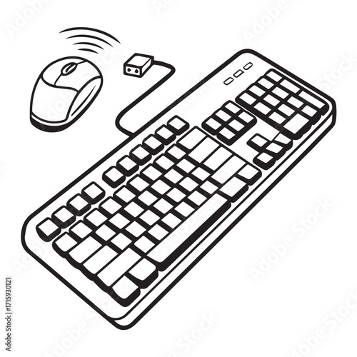 A wireless keyboard and mouse isolated on white background, featuring a standard qwerty layout, function keys, and a separate mouse with a receiver for wireless connectivity