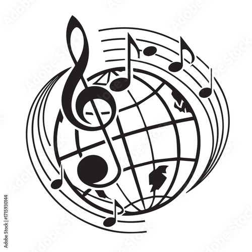 A musical globe featuring a treble clef and notes encircling the world, symbolizing the universal language of music and its global reach, isolated on white background