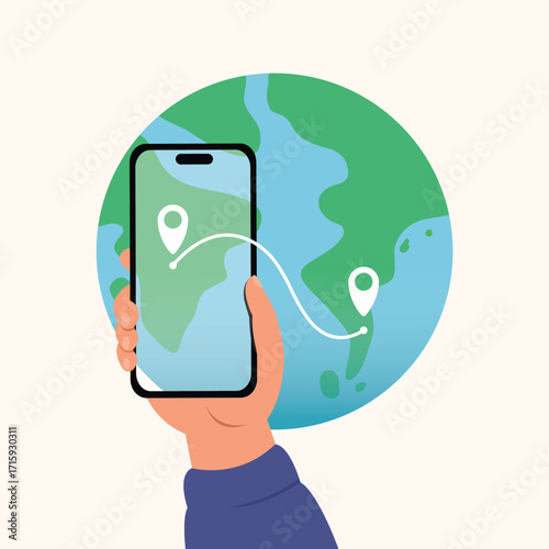 Hand holding mobile phone with world map of travel around the world, holiday and vacation concepts. 