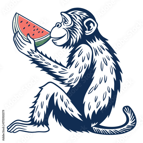 Playful monkey enjoying a juicy slice of watermelon in a clean vector illustration