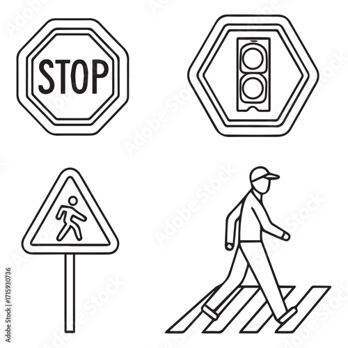 Depiction of various traffic signs isolated on white background, including a stop sign, a traffic light signal, a pedestrian crossing, and a pedestrian sign, all rendered in a simple line art style