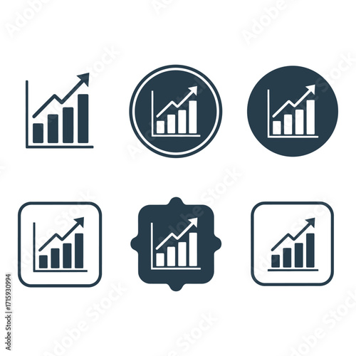 Six variations of a bar chart icon with upward arrow for growth and success silhouette