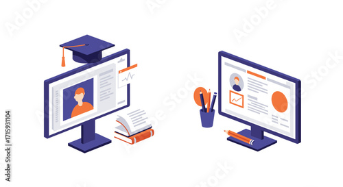Isometric online education setup with computers and graduation cap