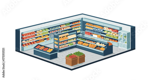 Isometric supermarket interior with grocery shelves and products displayed
