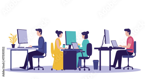 Modern office workspace with diverse team collaborating at computers in flat design