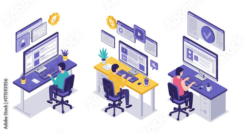 Isometric office workers at desks using computers in modern workspace