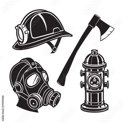 A collection of firefighter equipment, isolated on white background, featuring a helmet, gas mask, axe, and fire hydrant, symbolizing the tools and safety measures used by firefighters