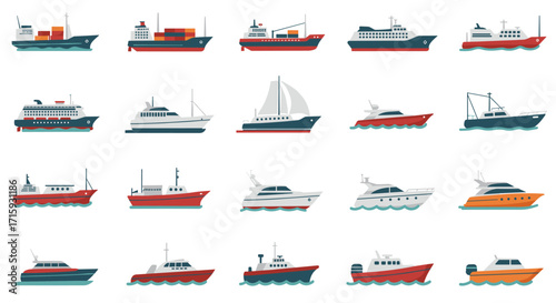 Collection of diverse ships and boats in flat design style