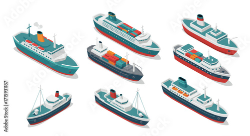 Diverse set of isometric cargo and passenger ships in modern style