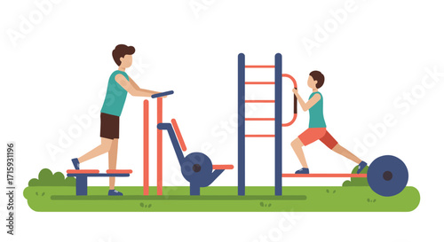 Outdoor fitness for kids: playground workout with exercise equipment