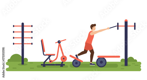 Outdoor fitness park with exercise equipment for strength training and workouts