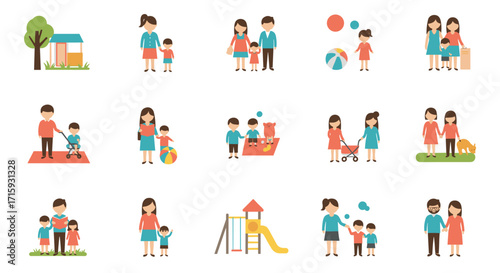 Family activities with kids in minimalist flat design