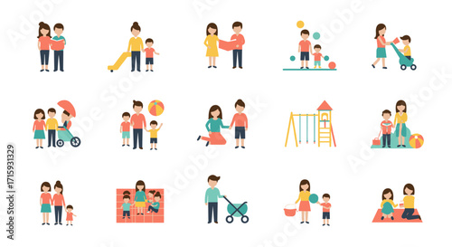 Family activities and playtime with children in flat style icons