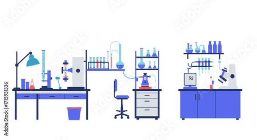 Modern scientific laboratory interior with equipment and glassware in flat design