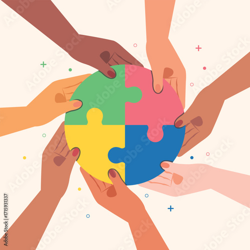 Group of hands holding  connect a pieces of puzzle together, Community and support together vector.