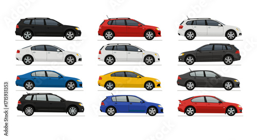 Colorful car side views in flat design with variety of shades and models