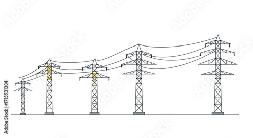 Linear power lines and transmission towers on white background