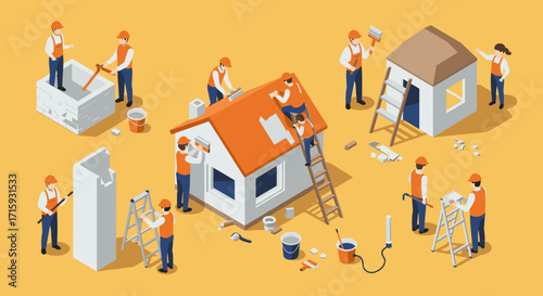 Construction workers building houses in isometric style on yellow background