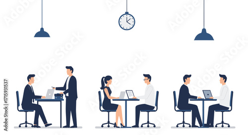 Office meeting scenes with colleagues in minimalist design
