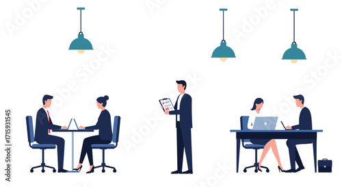 Modern office scene with business professionals meeting and collaborating