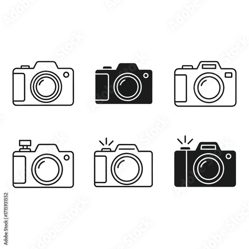 Collection of six stylized camera icons showing different designs and flash effects silhouette