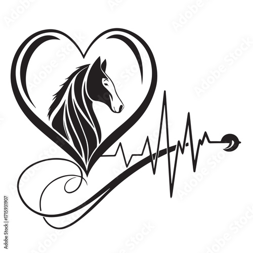 Elegant horse silhouette within a heart shape, accompanied by an ekg heartbeat line, isolated on white background, symbolizing love for horses and their vital connection