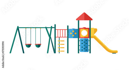 Colorful playground equipment with swings and slide in flat design