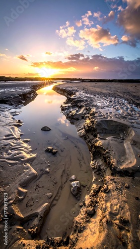 Sunrise over a tranquil tidal flat