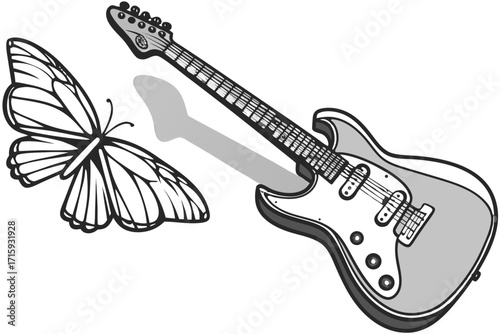 Classic solidbody electric guitar vector illustration grey and white with bold black outlines angled.