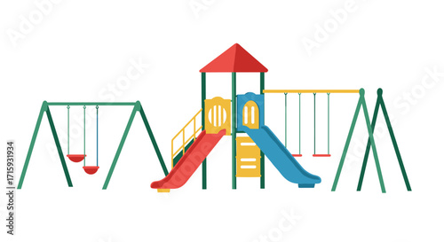 Colorful playground equipment with swings and slides for kids fun