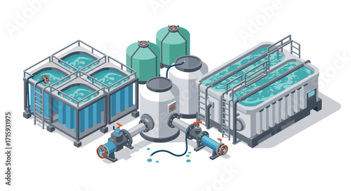 Isometric water treatment plant design with tanks and pipelines