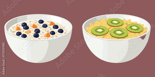 Healthy breakfast bowl, oatmeal with blueberries, cereal with kiwi, fresh fruit meal, nutritious food illustration, morning diet snack vector design