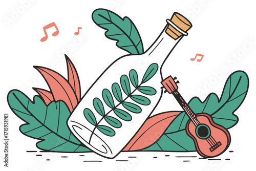 Clear glass message bottle with green leafy branch inside surrounded by tropical leaves a coral ukulele and floating musical notes.