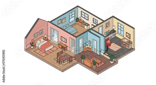 Cozy isometric apartment interior with modern furniture and soft pastel colors