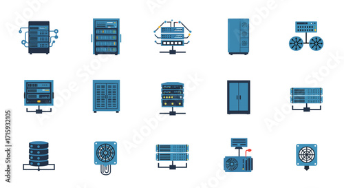 Data center and networking icons: modern flat style design elements