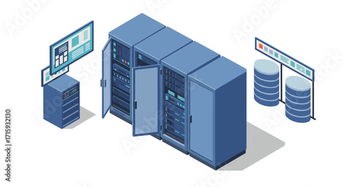 Modern isometric data center with server racks and database monitors
