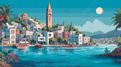  Cityscape of Bodrum, Turkey, attractive touristic advertisement poster, beautiful touristic must-see destination. Beautiful tourist destination, in eastern central europe. Historic buildings, mosque,