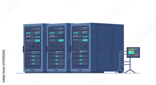 Modern data center with network server racks and control station