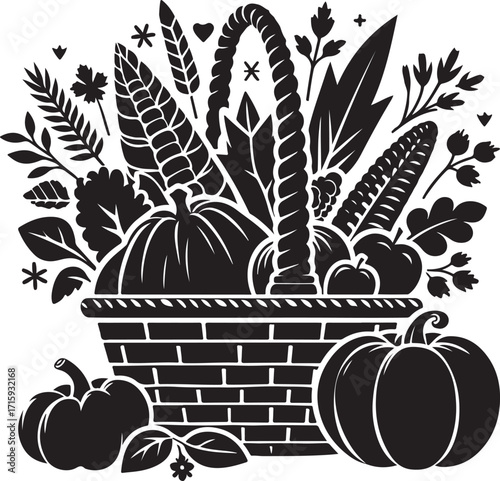 silhouette black Cornucopia basket filled with fruits and vegetables, thanksgiving vector