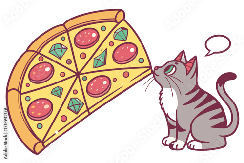 Curious cartoon cat with green eyes admiring a large pizza slice topped with pepperoni and sparkling green gems.