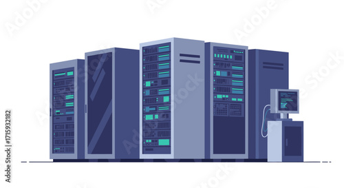 Modern data center servers with control station in minimalist flat design
