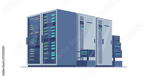 Modern data center racks with advanced networking equipment in a minimalist style