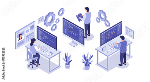 Teamwork on coding project with developers in modern workspace