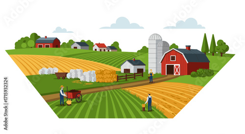 Colorful rural farm landscape with barns, fields, and farmers working in the countryside