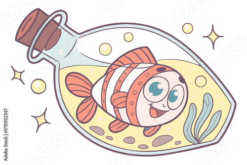 Cute cartoon clownfish happily swimming inside a glass bottle with cork stopper.