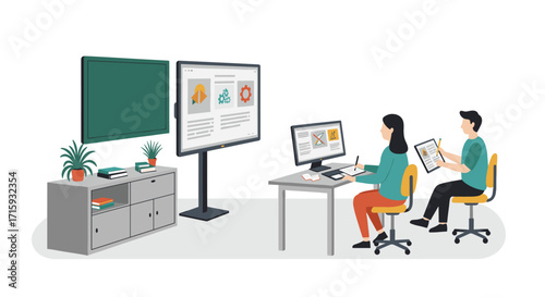Modern classroom with digital learning tools: interactive screens and engaged students