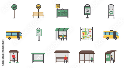 Urban public transport icons: bus stops, shelters, and signs in flat design