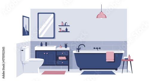 Modern bathroom interior with blue freestanding tub and stylish decor