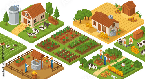 Charming isometric farm with dairy cows, vegetable gardens, and rustic buildings
